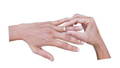 Hands placing or removing wedding ring, showing marriage commitment, transparent background
