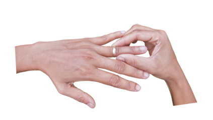 Hands placing or removing wedding ring, showing marriage commitment, transparent background