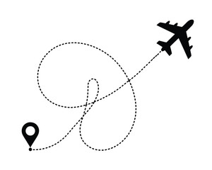 Airplane silhouette flying on a dotted line path from location pin