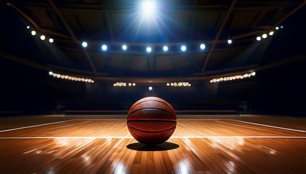 a basketball sits alone on a hardwood court in a darkened arena illuminated by spotlights