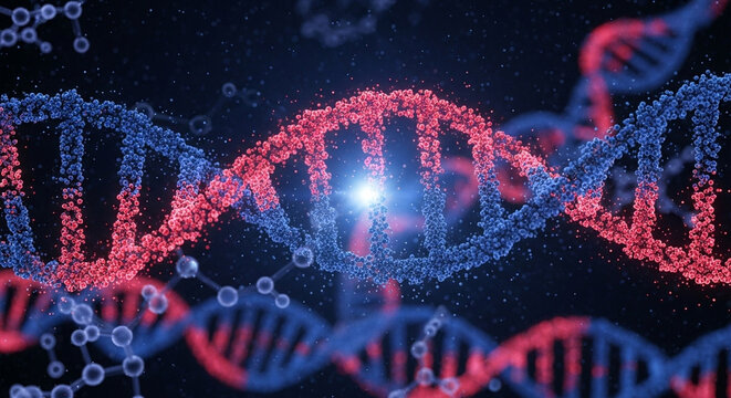 Illustration of a dna double helix structure with red and blue strands on a dark background with light - Powered by Adobe