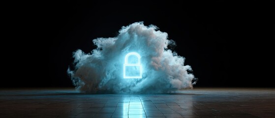 The Cloud Lock Icon Illuminated Above a Reflective Tiled Floor in Darkness