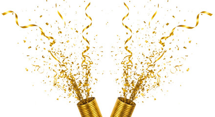 Golden confetti and streamers exploding from party poppers isolated on transparent background