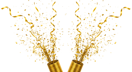 Golden confetti and streamers exploding from party poppers isolated on transparent background