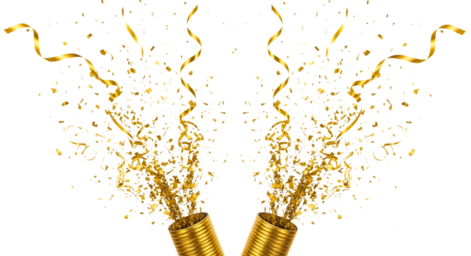 Golden confetti and streamers exploding from party poppers isolated on transparent background