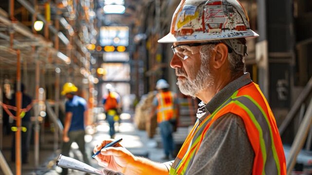 A construction site supervisor wearing a safety vest and hard hat examines project plans while others work in the background. The scene is active and filled with workers and equipment