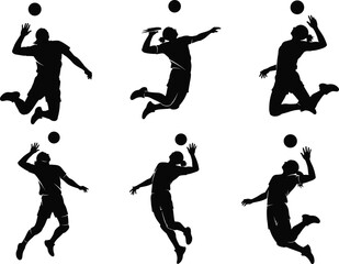Volleyball silhouette, spiking motion, serving pose, athletic jump, black figure art, dynamic sport action, mid-air hit, game energy