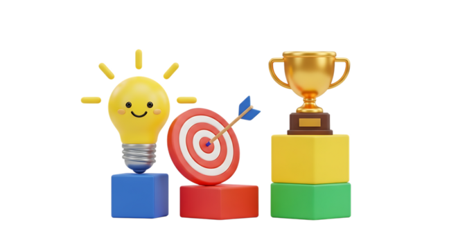 Happy lightbulb idea dartboard target and trophy on blocks isolated on transparent background - Powered by Adobe
