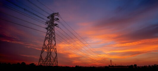 The Transmission Tower Standing Tall Against a Dramatic Sunset Over Open Fields