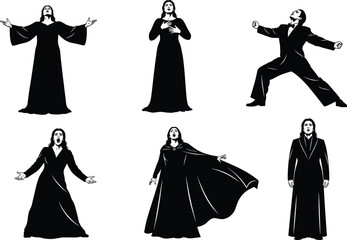 Opera singer silhouette, dramatic stage pose, passionate vocal gesture, black figure art, theatrical emotion, elegant costume, expressive performance