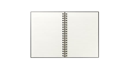 Open spiral bound notebook with blank pages isolated on transparent background