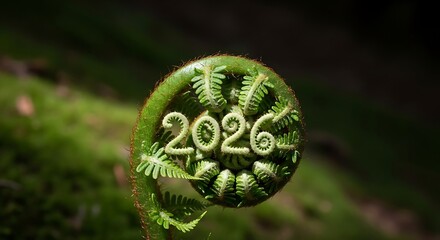Unfurling fern frond with '2026' formed by leaves, nature's growth for new year