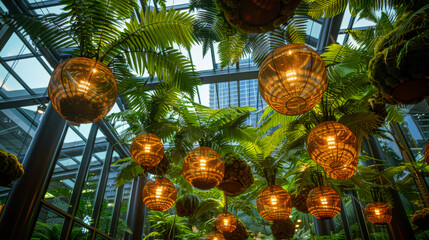 Hanging wicker lamps with ferns from glass ceiling in modern atrium with tropical vibe