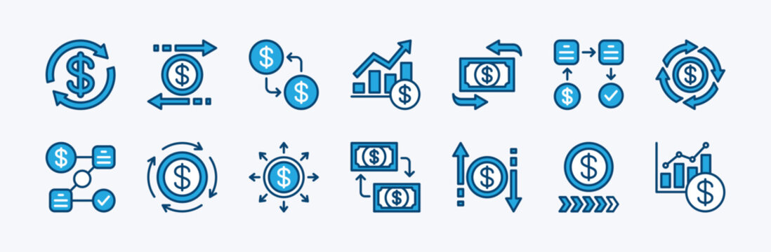 Set of money cash flow icon. Contains financial circular arrow, exchange, transfer, earning income, outcome, management, growth chart, expense, refund, transaction, revenue. Vector illustration