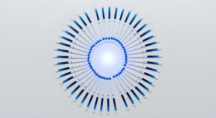White medical test strips with varying blue lines are arranged in a radiating circle around a central blue light.