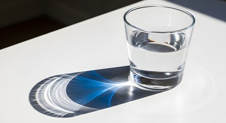 A clear glass of water sits on a white surface, casting a shadow with blue and white light patterns from refracted sunlight.