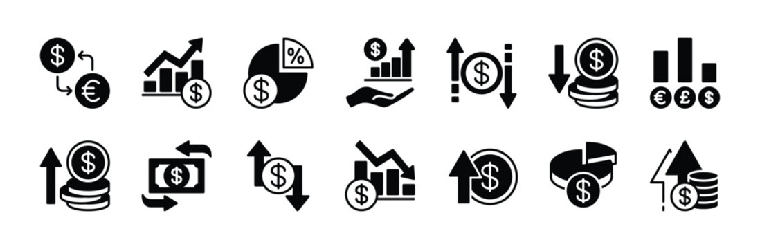 Money exchange rate icon vector set. Contains currency circular arrow flow, dollar growth chart, financial change, conversion, transaction, transfer, graph, diagram, income and outcome. Illustration