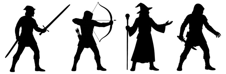 Fantasy Warrior Silhouettes Set &ndash; Archer, Mage, Knight and Assassin on Transparent Background