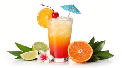 Fototapeta premium Refreshing tequila sunrise cocktail isolated on white background with fruits