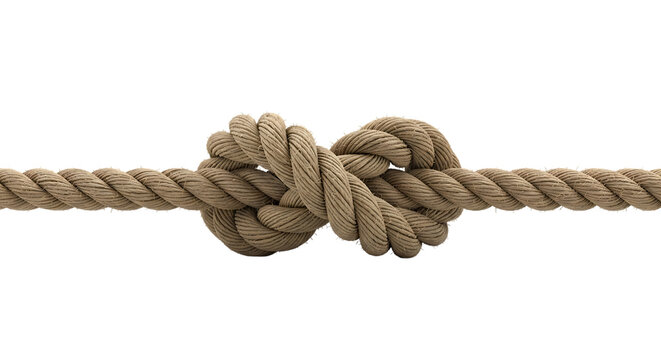 Close up of a strong nautical knot tied on a thick rope isolated on transparent background