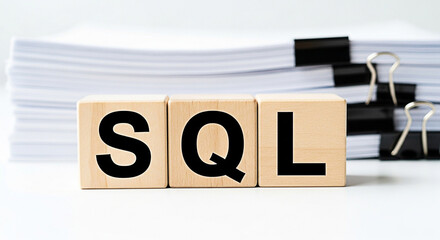Wooden blocks spelling sql with documents and binder clips in the background for database management and query language concepts