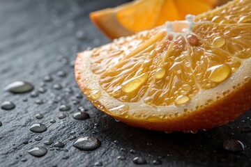 Close up of a juicy orange slice with water droplets on a dark surface