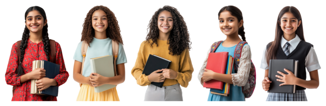 Diverse students holding books smiling - Powered by Adobe