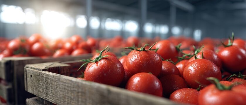 The Tomatoes in Wooden Crates Fresh from Harvest at Indoor Market