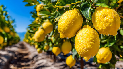 Fresh lemons hanging on tree branches in sunny orchard landscape