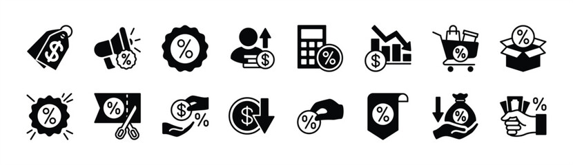 Discount promotion icon vector set. Contains price tag, shopping coupon badge, calculate tax deduction, bonus, rebate, down prices, cashback, label, offer sale, low sell, percent sticker, gift