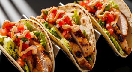 Three Grilled Chicken Tacos in Soft Tortillas with Crisp Lettuce, Fresh Salsa, and Creamy Sauce, in a Metal Holder
