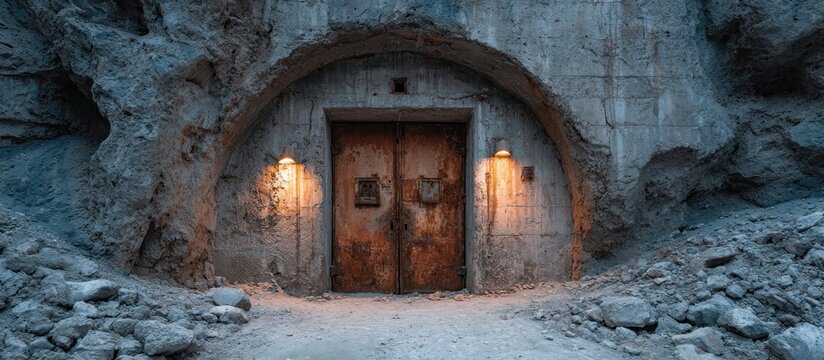 Mysterious Rusted Metal Door in Concrete Bunker Entrance within Stone Mountain Illuminated by Warm Lights