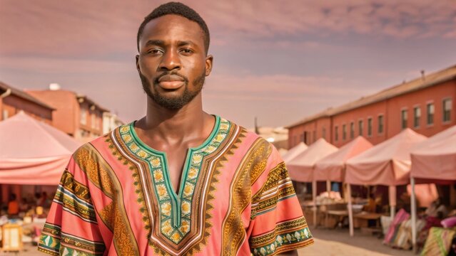 Handsome man in vibrant African dashiki shirt with details