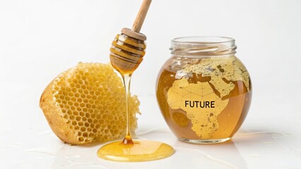 Honey dripping from dipper over honeycomb with Future globe