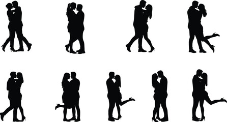 Romantic couple silhouette collection, love and passion poses, hugging and kissing couples, romantic relationship vector art, emotional affection design