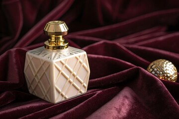 Elegant perfume bottle on a luxurious burgundy velvet background with golden accents