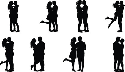 Romantic couple silhouettes kissing and hugging, love and affection vector art for Valentine’s Day, wedding, and relationship designs