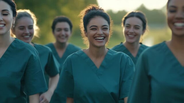 A group of medical personnel in blue-green nursing uniforms are walking together happily outdoors