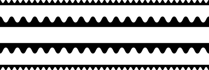 Circular edge seamless border shape set, scalloped border. Seamless vector marine wave decoration pattern isolated on white background.