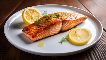succulent grilled salmon fillet presented on a pristine white plate accompanied by a zesty lemon wedge showcasing culinary artistry