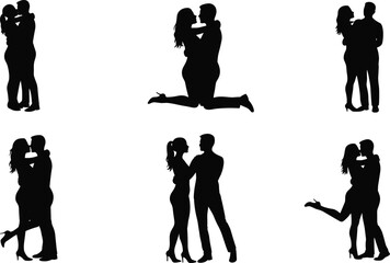Romantic couple silhouettes in love, hugging and kissing poses, relationship affection, romance vector illustration for Valentine’s Day and wedding design