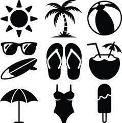 Summer beach icon set, tropical vacation symbols, black silhouette vector, holiday elements, travel clipart, seasonal graphic, editable isolated illustrations