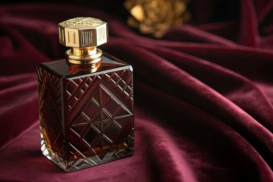 Luxurious dark perfume bottle on a burgundy velvet background with golden accents
