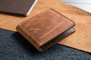 Brown leather wallet on a textured surface with a notebook in the background