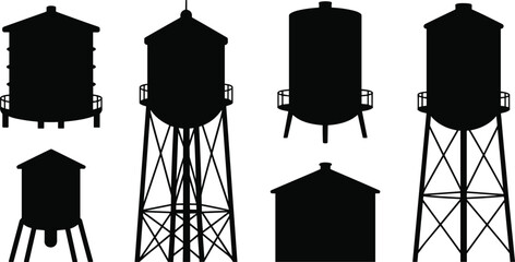 Water tower silhouette set, industrial architecture, elevated tank design, municipal infrastructure, urban utility storage, engineering structure, vector illustration, isolated icons