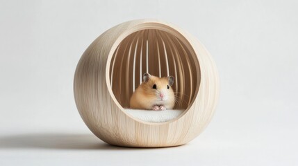 Hamster sits in a wooden rounded shelter, on a white background, for pet product marketing