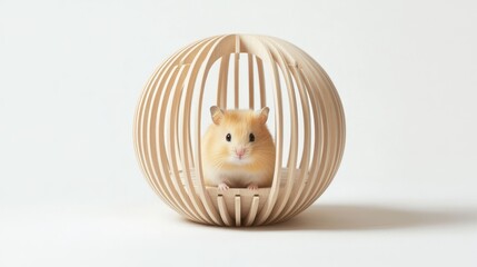 Hamster in wooden ball on white background, pet toy