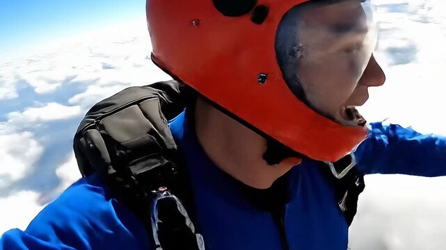 Skydiver freefalling high above clouds. Young man smiles and gives a thumbs up during extreme sports adventure. Panning camera movement with personal perspective.