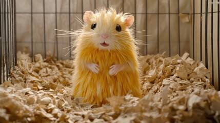 Hamster stands in cage on wood shavings, lit. Stock for pet blogs