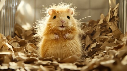 Hamster stands in cage with paper scraps, bright background for pet or animal care